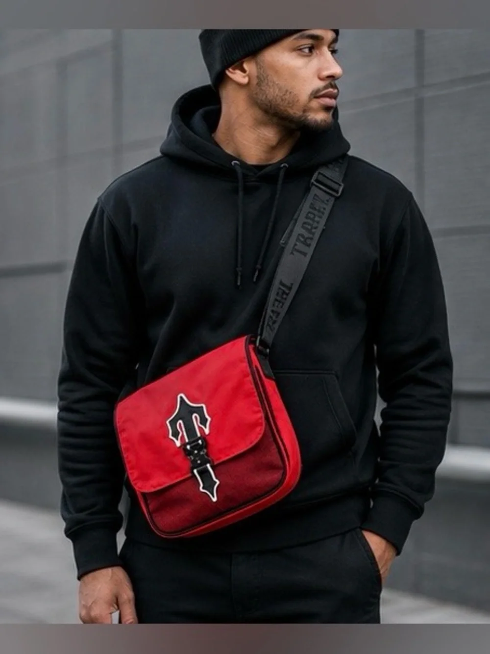 Trapstar‎ Red Men's Messenger Bag with Black Strap and Decorative Buckle